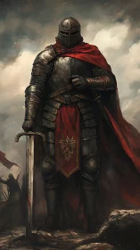 Armored knight stands resolute beneath storm laden skies