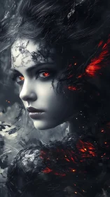 Monochrome female portrait with fiery embers and smoke.