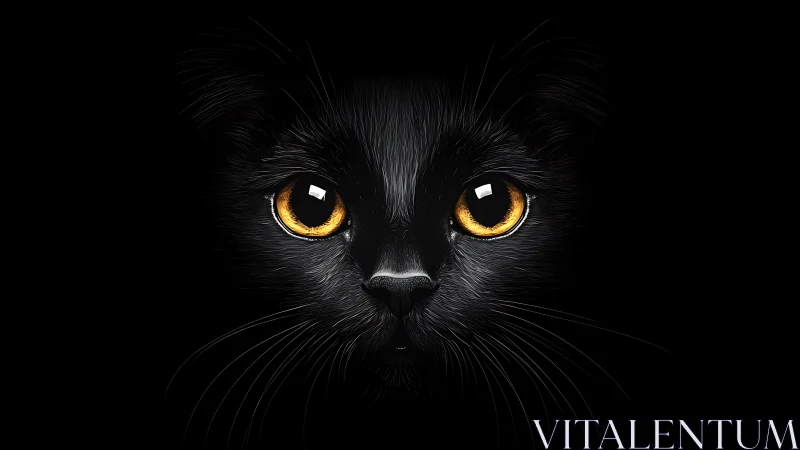 Black Cat with Luminous Golden Eyes Against Dark Background