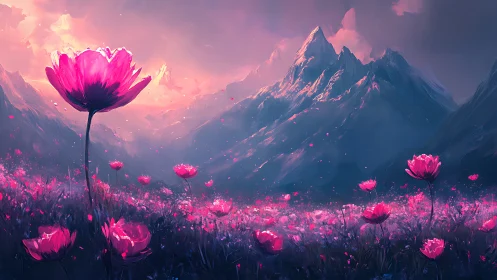 Luminous magenta bloomscape under atmospheric alpine dusk.