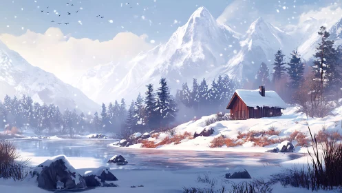 Snowy mountain cabin rests beside a tranquil frozen river.