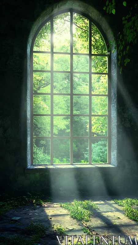 Sunlit arched window framing overgrown forest view.