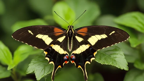 Swallowtail butterfly rests on lush green foliage.