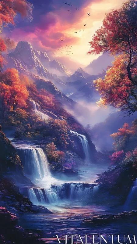 Fantasy cascades beneath iridescent twilight sky in Digital painting.