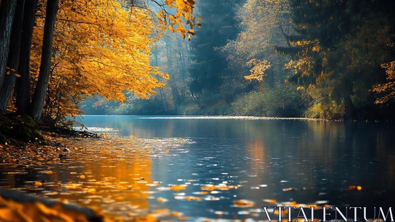 Golden autumn river rests quietly beneath glowing trees