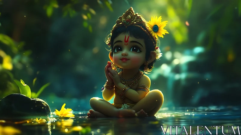 Divine child deity sits in glowing forest stream light.