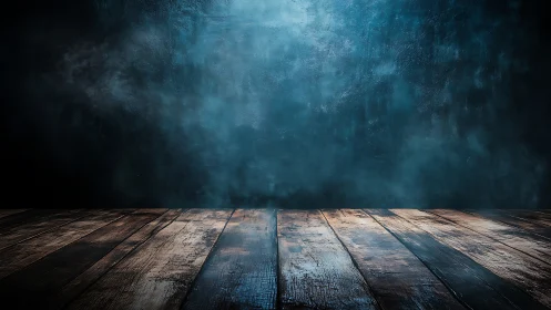 Weathered wooden floor against dark textured wall background.