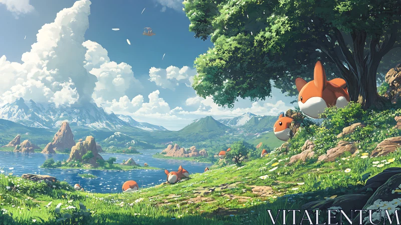 Cartoon fox-like creatures in expansive mountain lakeside landscape.