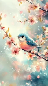 Chromatic songbird on blossom branch in luminous bokeh field.