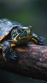 Curious little turtle pausing on a log for a quiet moment.