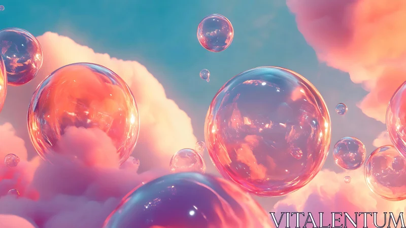 Translucent bubbles hover over dense pink digital clouds