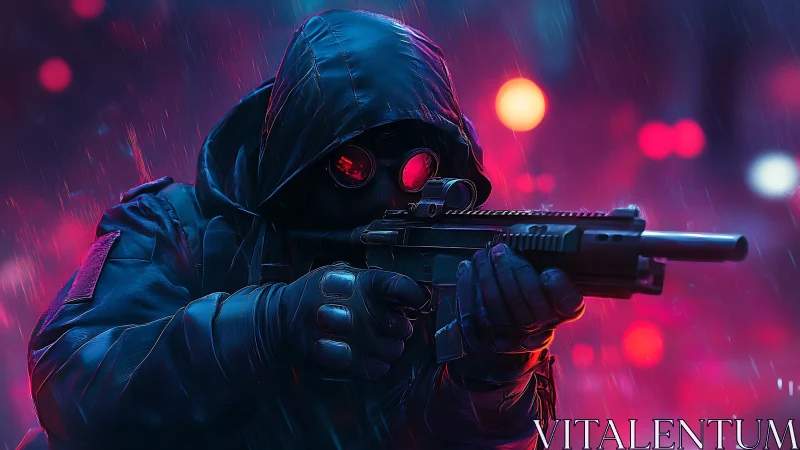 Hooded gunner aims rifle under neon city rain at night