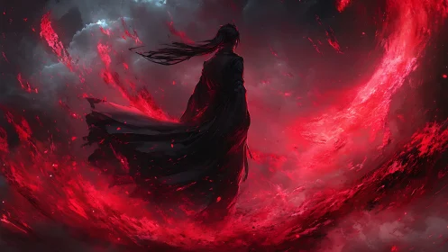 Digital painting of lone dark figure within infernal red vortex.