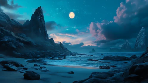 Moonlit rocky shoreline under deep blue twilight sky.