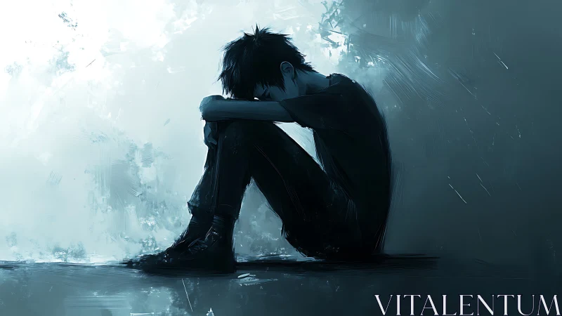 Solitary boy sitting on floor in moody blue shadows.