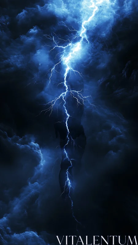 Vertical lightning bolt intersects dense dark storm clouds
