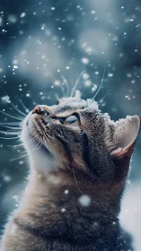 Cat Looks Up at Falling Snow