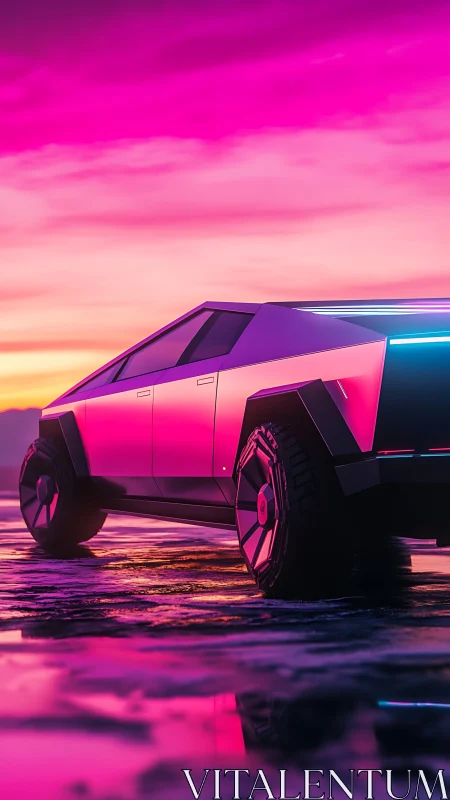 Futuristic truck glowing under a bold neon sunset sky.