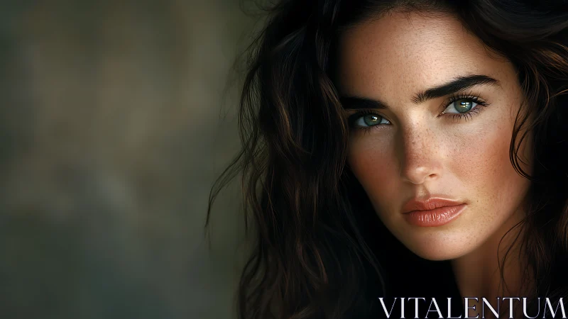 Close portrait of woman with wavy hair and intense gaze.