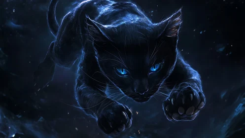 Starlit shadowcat pounces through midnight nebula dust.