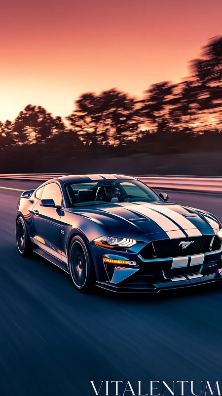 Sleek striped sports car racing under vivid sunset sky.