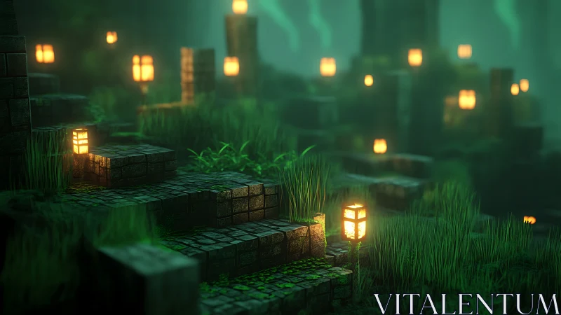 Emerald stone ruins glow with misty lantern light at dusk.