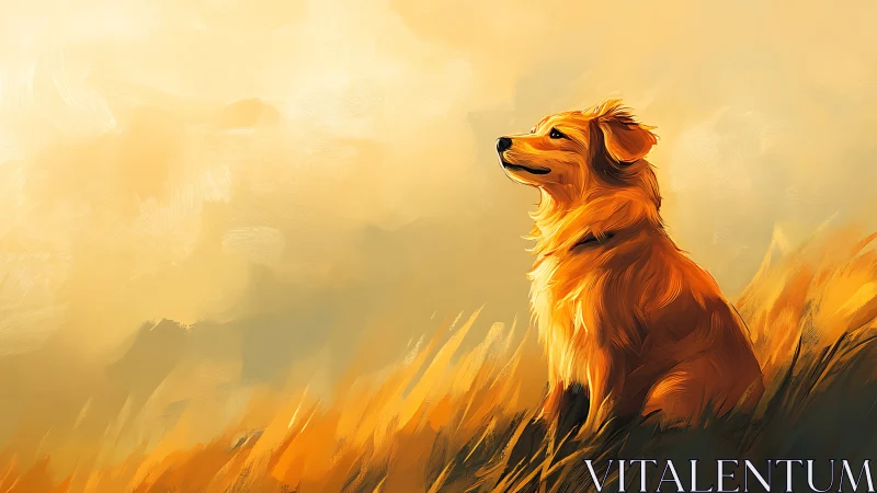 Golden dog in sunlit field, expressive digital painting study.