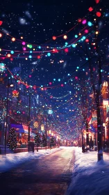 Snowy festive street rendered with luminous bokeh lighting effects