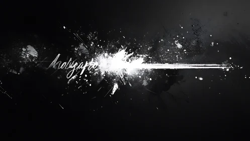 Monochrome ink explosion slices through dark void space.
