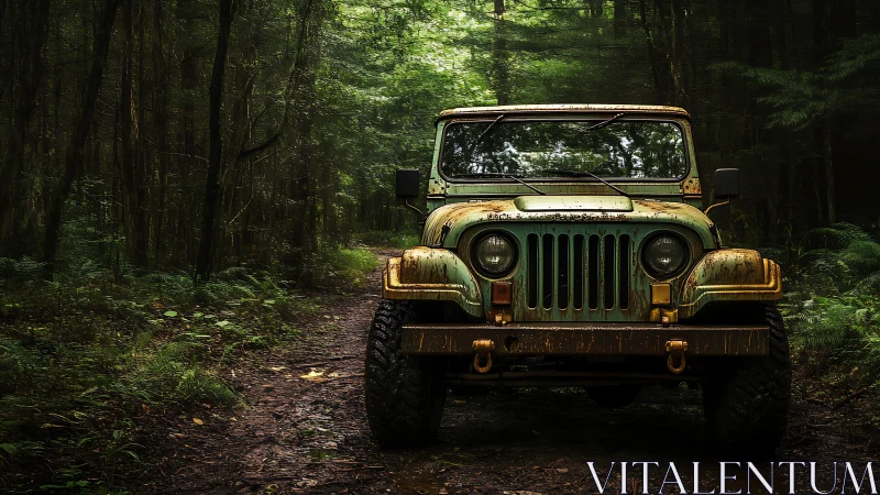 Weathered green jeep waits patiently on a quiet forest trail