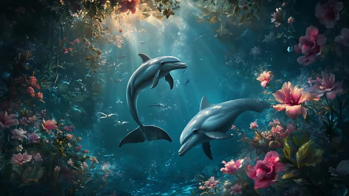 Dolphins glide through luminous floral underwater garden