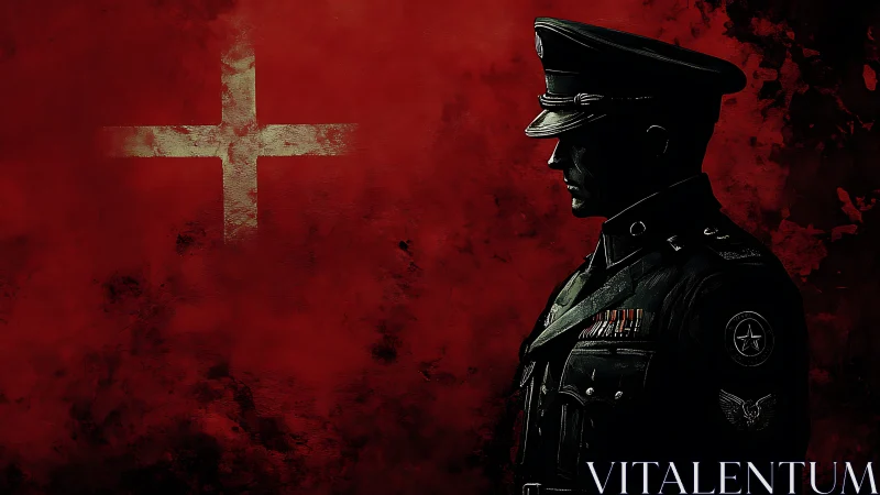 Silhouetted uniformed officer stands before red textured field