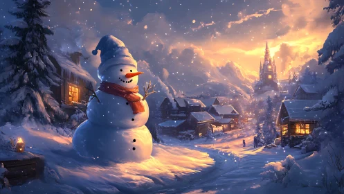 Snowman smiles over a glowing winter village at sunset