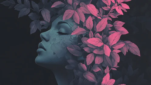 Dreaming stone muse dissolves into vivid pink foliage