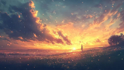 Solitary figure studies luminous sunset over glowing meadow.