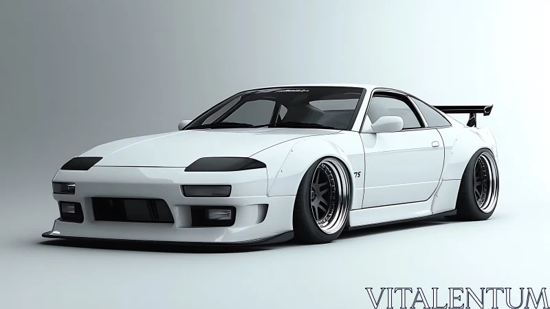 Low-slung white tuner coupe with widebody stance rendering.