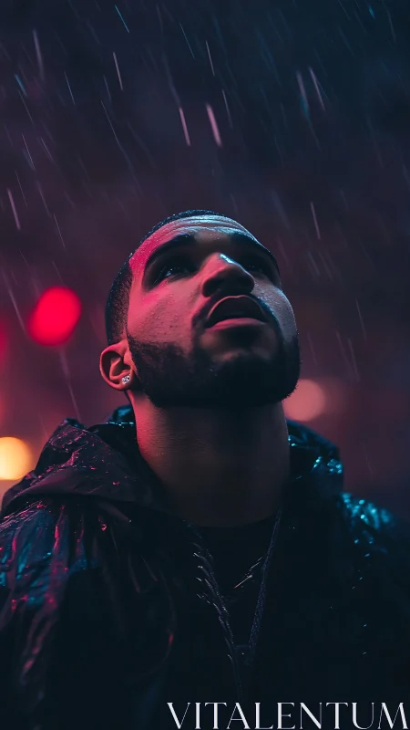 Midnight rain crowns a neon-lit dreamer in quiet awe