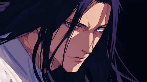 Intense anime portrait with hard shadows and long dark hair