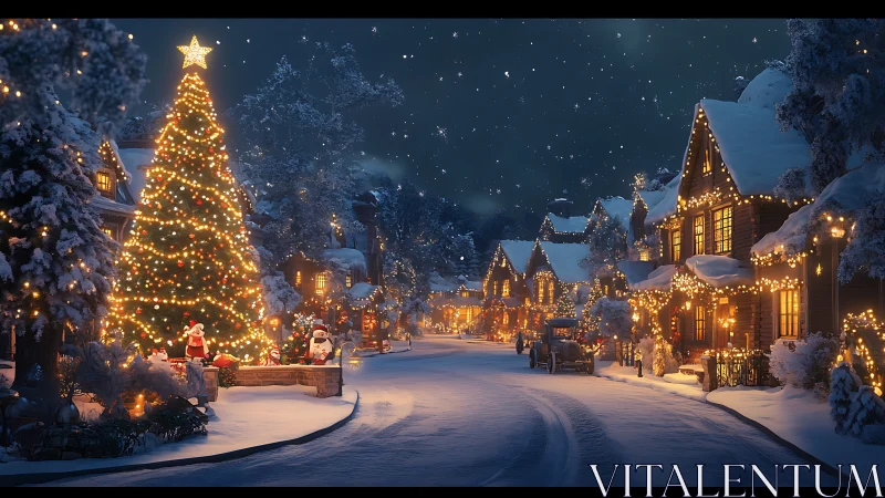 Snowy village street with illuminated Christmas lights.