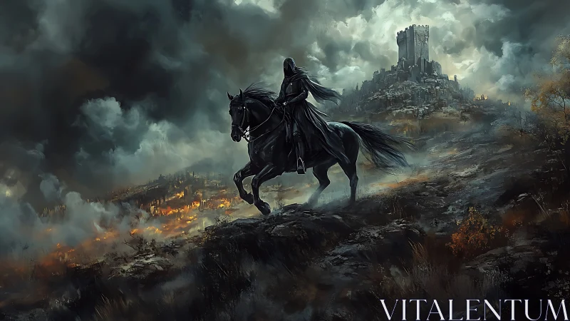 Dark rider overlooking a burning valley beneath storm clouds.