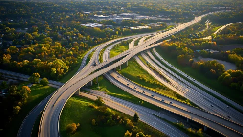 Sunlit freeway interchange winds through lush suburban forest