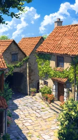 Sunlit stone courtyard renders warm Mediterranean atmosphere