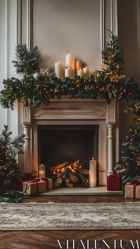 Fireplace glows while evergreen garlands whisper of winter