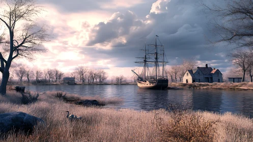 Colonial sailing vessel anchored at riverside settlement.