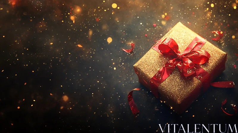 Gold gift box with red ribbon on dark festive background.
