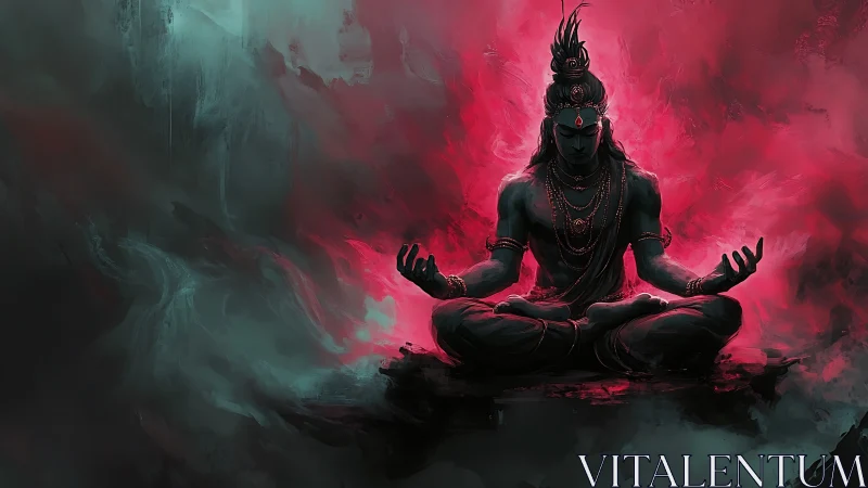 Seated blue figure in meditation amid red and teal haze.