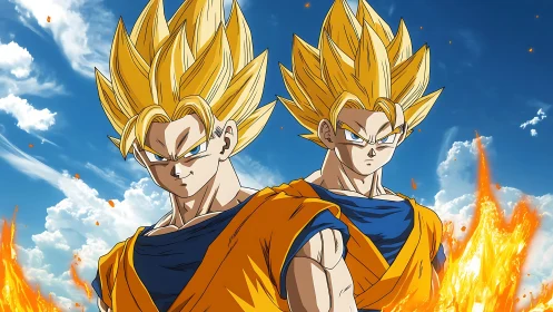 Twin blazing warriors charge beneath a storm-bright sky.