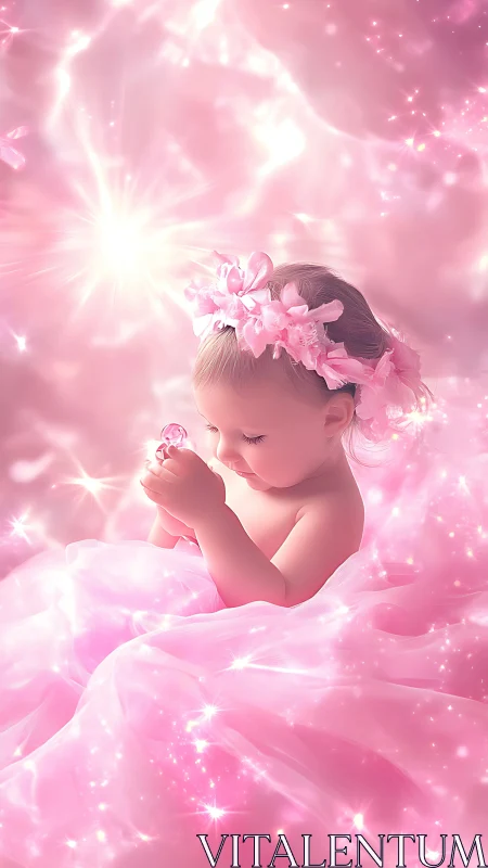 Enchanted baby cradles a glowing jewel in soft pink light