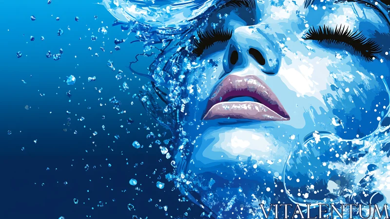 Stylized female face rendered in layered aquatic blue tones