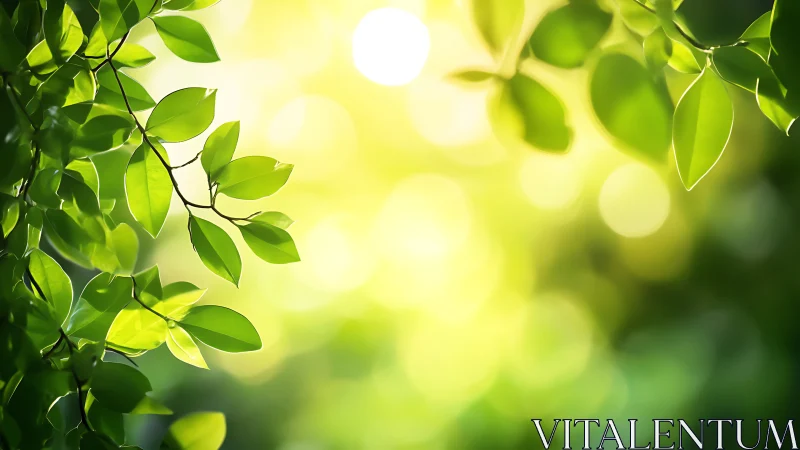 Fresh green leaves in sunlight, nature background with bokeh effect.